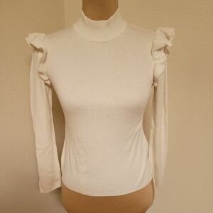 Avec Les Filles Cream Mock Neck Sweater With Ruffles